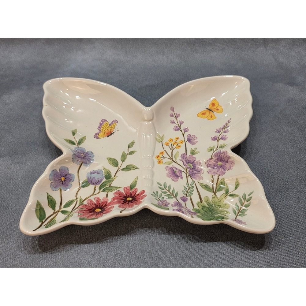 VTG Style Ceramic Butterfly Serving Dish Hand Paint Botanical Cream Cottagecore